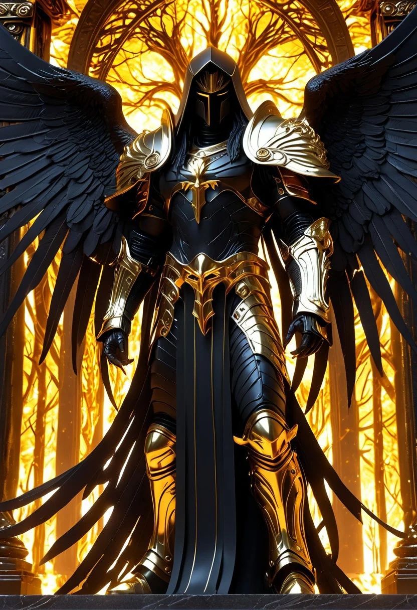 A great, imposing dark angel warrior, Lucifer, dark armor with gold details, hood shadowing his face, long black hair, glowing amber eyes, golden angels wings on his back, standing in front of a great dark tree, a gate at the root, glowing light, glowing eyes, flames in the background, cloudy sky, moody light, by H.R Giger, 4k resolution digital art trending on Artstation and unreal engine 5, hyperrealism, full body shot, glowing eyes, cinematic, epic, masterpiece, surreal, fantasycore, hyperdetailed, ultra realistic, octane render, volumetric lighting, depth of field, bokeh, 8 <lora:Details:0.85>