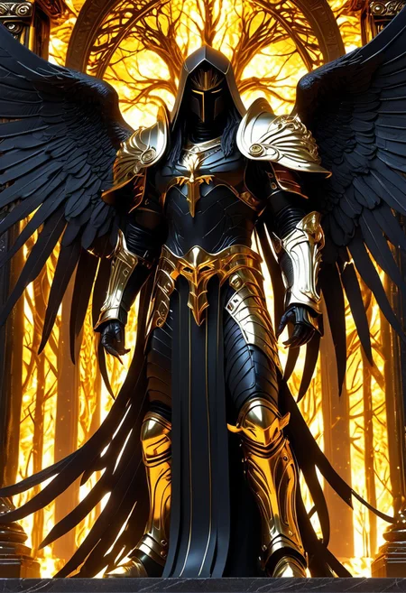 A great, imposing dark angel warrior, Lucifer, dark armor with gold details, hood shadowing his face, long black hair, glowing amber eyes, golden angels wings on his back, standing in front of a great dark tree, a gate at the root, glowing light, glowing eyes, flames in the background, cloudy sky, moody light, by H.R Giger, 4k resolution digital art trending on Artstation and unreal engine 5, hyperrealism, full body shot, glowing eyes, cinematic, epic, masterpiece, surreal, fantasycore, hyperdetailed, ultra realistic, octane render, volumetric lighting, depth of field, bokeh, 8 <lora:Details:0.85>