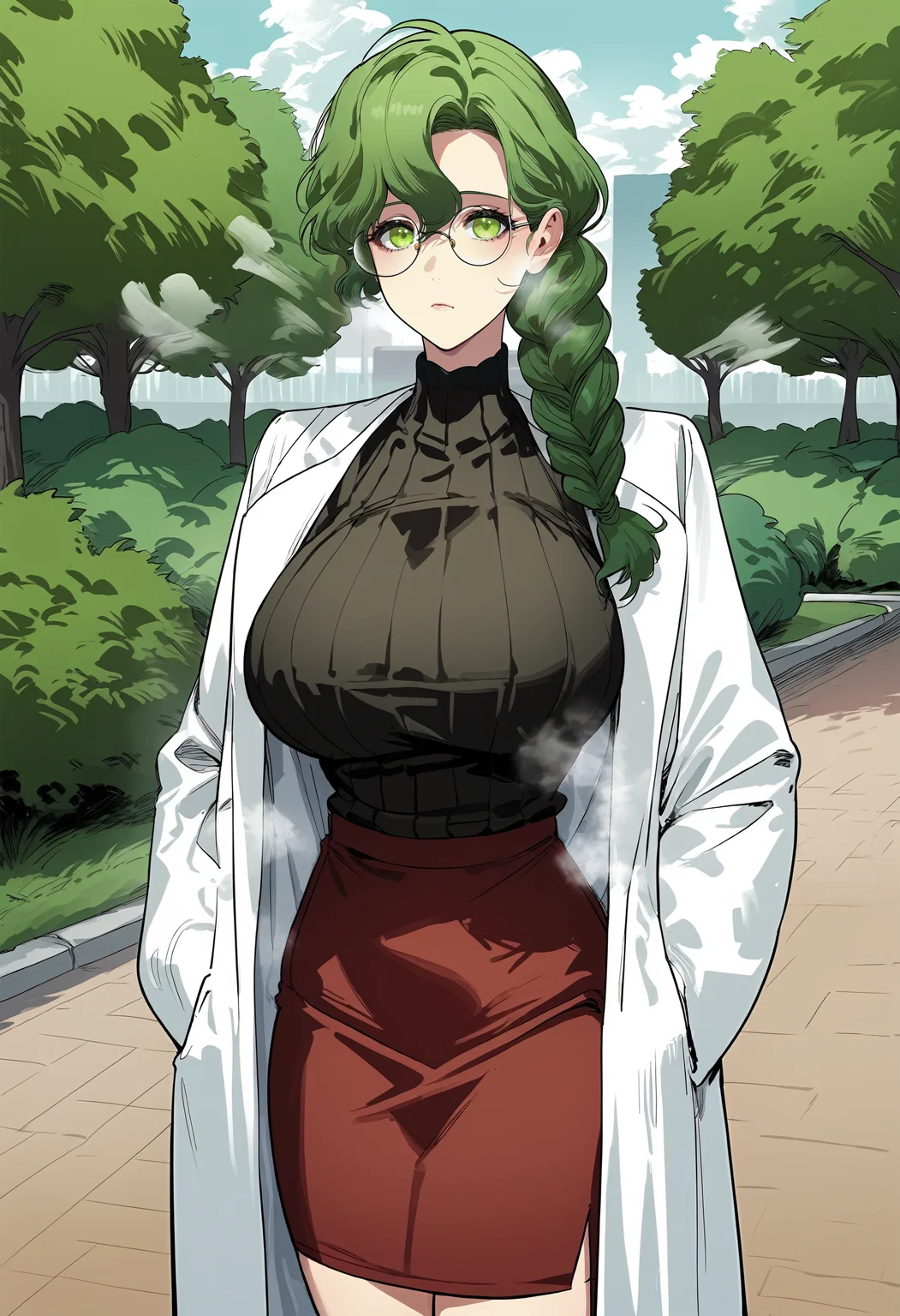 score_9, score_8_up, score_7_up, score_6_up, source_anime, rating_explicit, 1girl, solo, huge breasts, <lora:druggistponyxl:1> round eyewear, green eyes, green hair, long hair, single braid, braided ponytail, white coat, ribbed sweater, turtleneck sweater, black sweater, long sleeves, red skirt, pencil skirt, expressionless, Narrow shoulders, heavy breathing, steaming body, park, outdoors, looking at viewer, close-up, standing