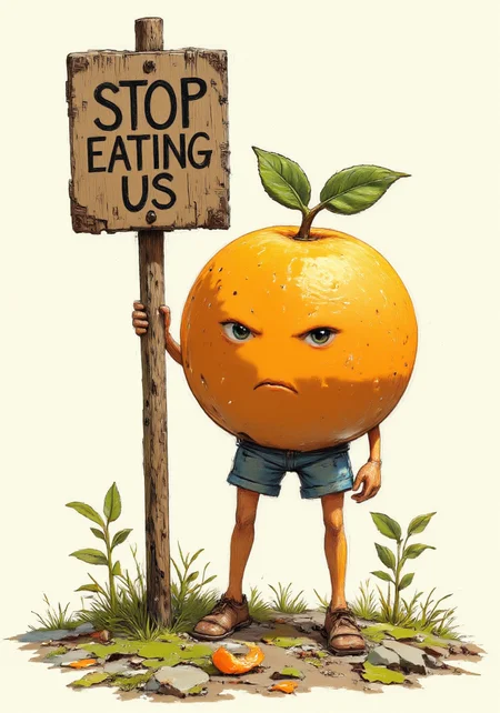 digital drawing in a whimsical, cartoonish style. It features a small, anthropomorphic orange standing on two legs, wearing blue denim shorts. The orange has a round, slightly flattened body with a small stem and a leafy green top. Its expression is stern and unimpressed, with furrowed eyebrows and a downturned mouth. The orange is holding a wooden sign in its right hand, which reads "STOP EATING US" in black, playful handwriting. The sign is leaning against a patch of grass, with a few orange peels scattered around. The background is a muted, abstract blend of light and dark shades, suggesting a sunny outdoor setting. The drawing has a textured, painterly quality, with visible brushstrokes and a soft color palette that includes oranges, greens, and browns. The overall mood is light-hearted yet slightly serious, with the orange's determined stance and the sign's message conveying a playful yet cautionary tone., aidmaimageupgrader, aidmaMJ6.1 <lora:aidmaImageUprader-FLUX-v0.3:0.4> <lora:aidmaMJ6.1-FLUX-v0.5:0.7> <lora:cheats:1>