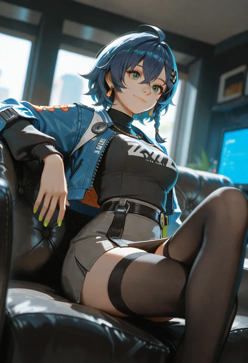 masterpiece, ultra-HD, cinematic lighting, photorealistic, impressionism (1.5), high detail, depth of field, (blurred background), (dramatic lighting),masterpiece, best quality, very aesthetic,8k,masterpiece, best quality,realistic, masterpiece, best quality, 8k,
Belle \(zenless zone zero\), 1girl, solo, short hair, green eyes, hair ornament, hair between eyes, jewelry, medium breasts, blue hair, braid, ahoge, earrings, hairclip,
sexy pose, pretty girl, ((slim body)),
thighhighs, long sleeves, jacket, nail polish, open jacket, black shirt, grey skirt, black sweater,
indoors, couch, computer, screens, sitting, crossed leg, smiling, happy,