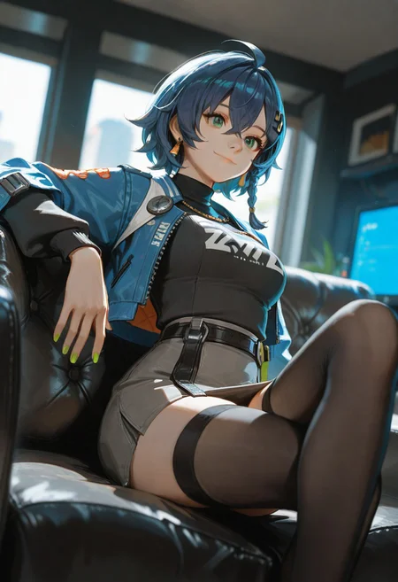 masterpiece, ultra-HD, cinematic lighting, photorealistic, impressionism (1.5), high detail, depth of field, (blurred background), (dramatic lighting),masterpiece, best quality, very aesthetic,8k,masterpiece, best quality,realistic, masterpiece, best quality, 8k,
Belle \(zenless zone zero\), 1girl, solo, short hair, green eyes, hair ornament, hair between eyes, jewelry, medium breasts, blue hair, braid, ahoge, earrings, hairclip,
sexy pose, pretty girl, ((slim body)),
thighhighs, long sleeves, jacket, nail polish, open jacket, black shirt, grey skirt, black sweater,
indoors, couch, computer, screens, sitting, crossed leg, smiling, happy,