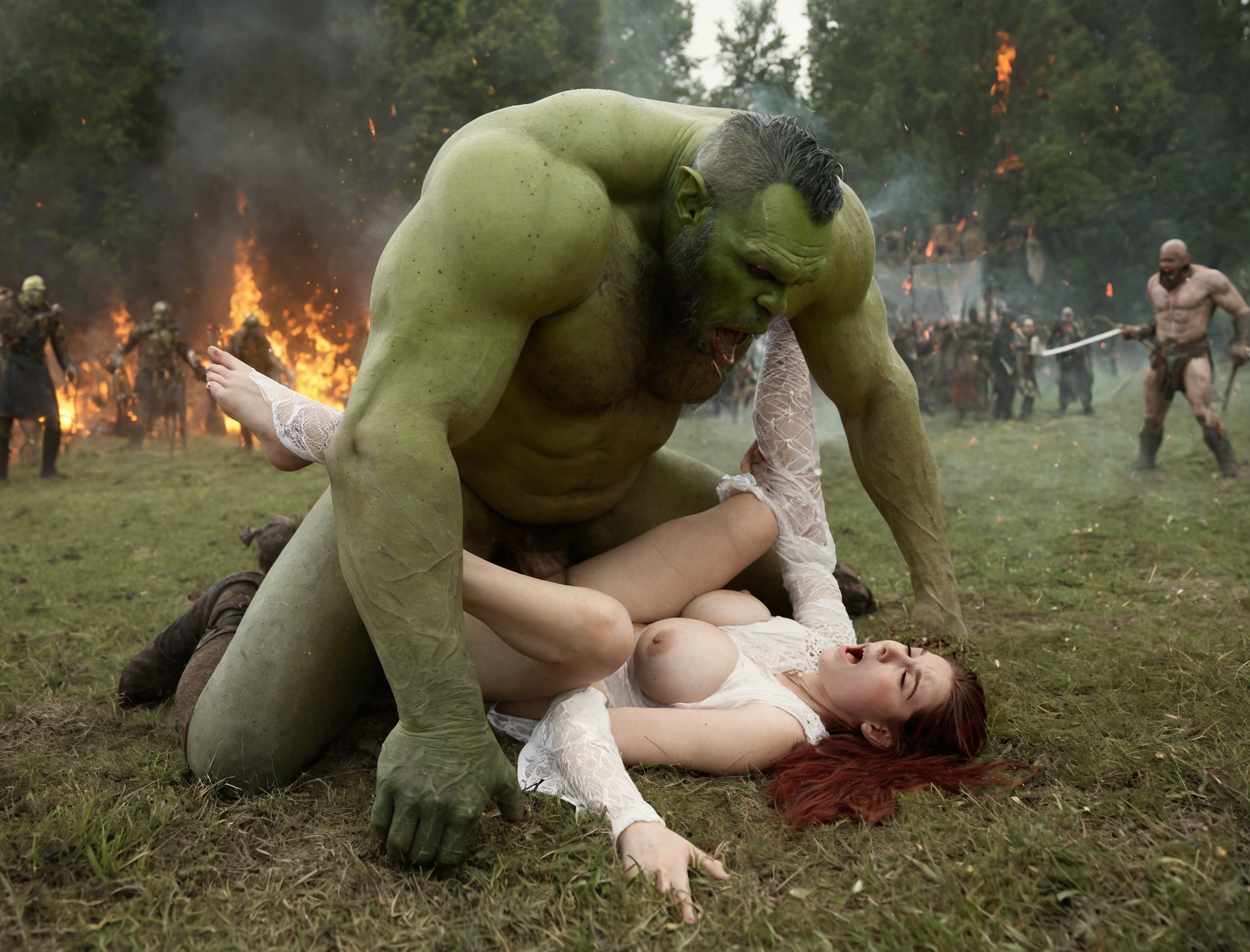 1girl, 1boy, missionary, sex, size difference, extreme size difference, giant man, orc, ogre, (giant penis, large penis:1.2),  medieval,