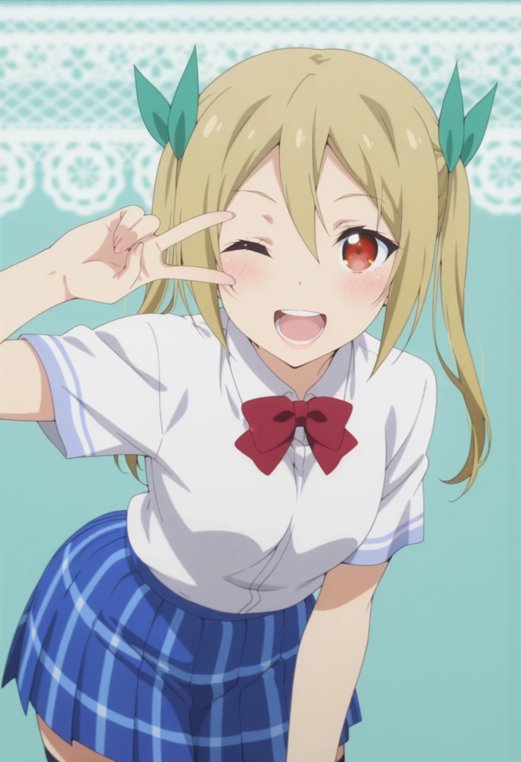 anime screencap, anime coloring, <lora:DX888Akane:1> segawa akane, red eyes, blonde hair, long hair, twintails BREAK hair ribbon, school uniform, white shirt, red bowtie, plaid skirt, blue skirt, thighhighs, BREAK simple background, aqua background,  lace background, BREAK   1girl, blush, leaning forward, solo,  v, open mouth, happy,  v over the eye, (upper body:1.2), one eye closed, teeth,