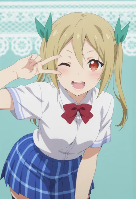 anime screencap, anime coloring, <lora:DX888Akane:1> segawa akane, red eyes, blonde hair, long hair, twintails BREAK hair ribbon, school uniform, white shirt, red bowtie, plaid skirt, blue skirt, thighhighs, BREAK simple background, aqua background,  lace background, BREAK   1girl, blush, leaning forward, solo,  v, open mouth, happy,  v over the eye, (upper body:1.2), one eye closed, teeth,