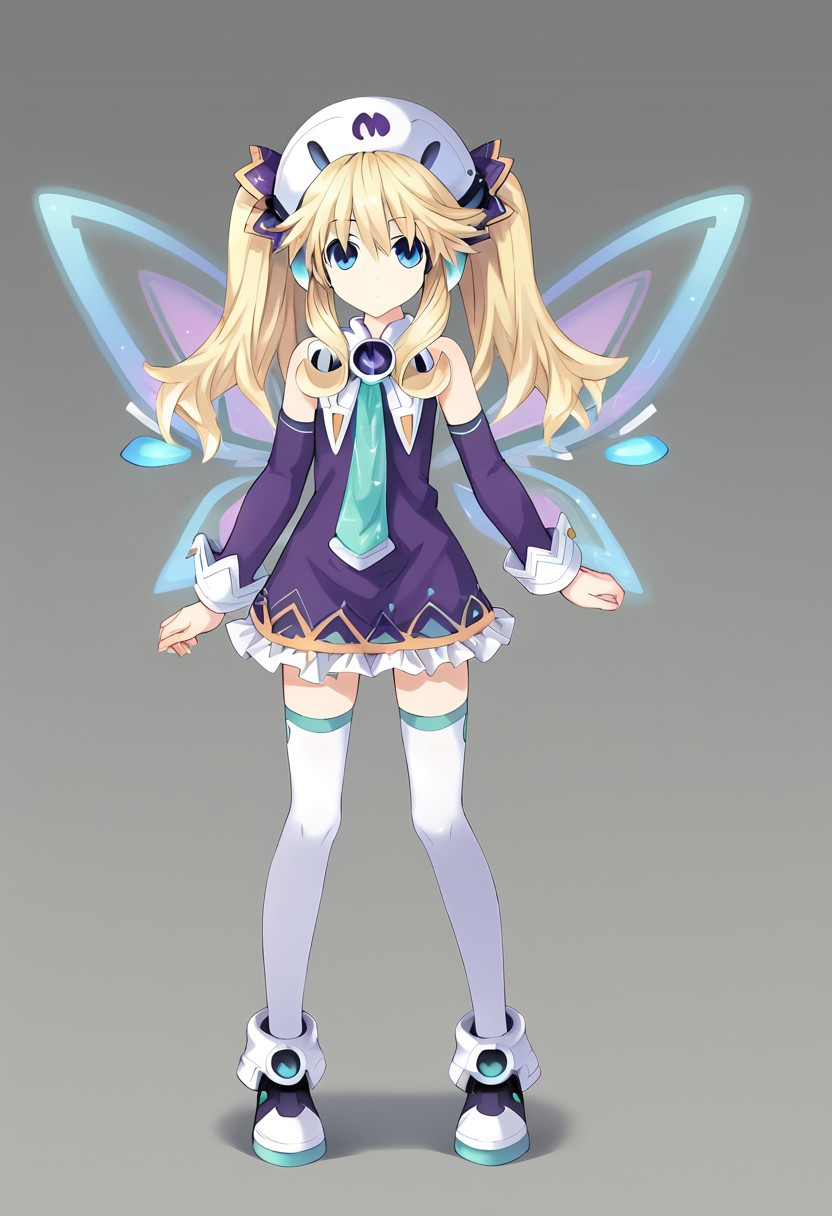 Histoire \(neptunia)\, blonde hair, blue eyes, long hair, twintails,, short dress, hat, necktie, thighhighs, white legwear, fairy wings, footwear, boots, detached sleeves,, short,   standing,   score_9, score_8_up, score_7_up, ,source_anime, best quality, masterpiece,   , full body view ,  1girl , solo , girl focus ,