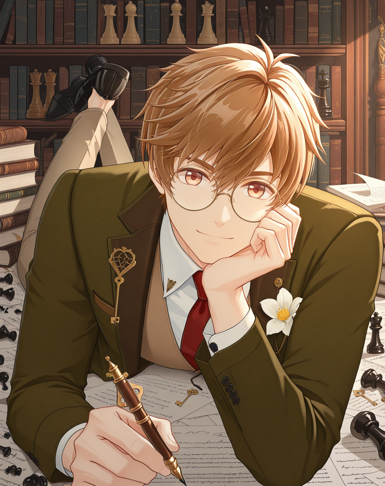 masterpiece, best quality, absurdres, very aesthetic, original style, 
1boy, solo, yaoi, male focus,looking at viewer, full body,  face focus, 
<lora:Luke_Pearce_ilxl:1> lukepearce, brown hair, hazel eyes, short hair, hair between eyes,
glasses, brown pants, green jacket, red necktie, white shirt,key, brown vest,long sleeves, black footwear, shoes, brown jacket, collared shirt, formal, round eyewear,
book stack, paper, bookshelf, quill, nib pen (object), inkwell, holding pen, on stomach, lying, 
indoors, chess piece, open book,  hand on own chin, closed mouth, smile,  white flower, pawn (chess),