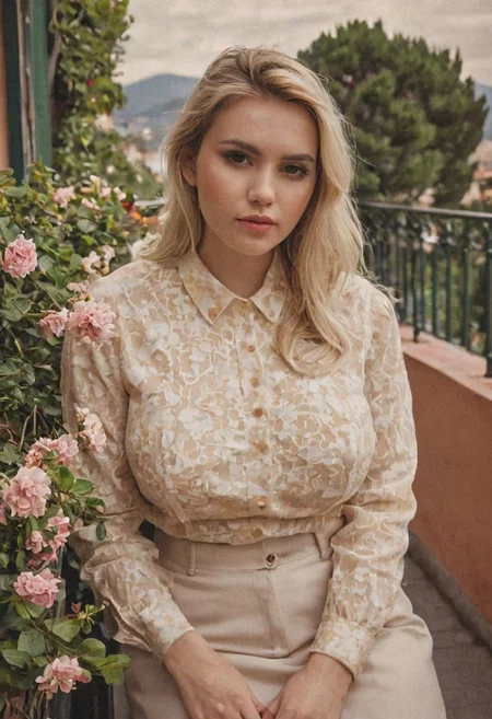 A seductive (busty:2.2) European woman in her early 20s. She has unbuttoned her blouse, sitting on a balcony at Amalfi coast, surrounded by flowers. Her skin is detailed, a bit sweaty. amateur photo, cinematic photo, intricate details, ambient lighting, natural lighting, low saturation, low contrast, sharpened face, hard focus, analog aesthetic, retro, vintage, scanlines, video noise, film grain, vignette effect, color bleeding, chromatic aberration, low resolution, retro color palette, faded colors, low quality