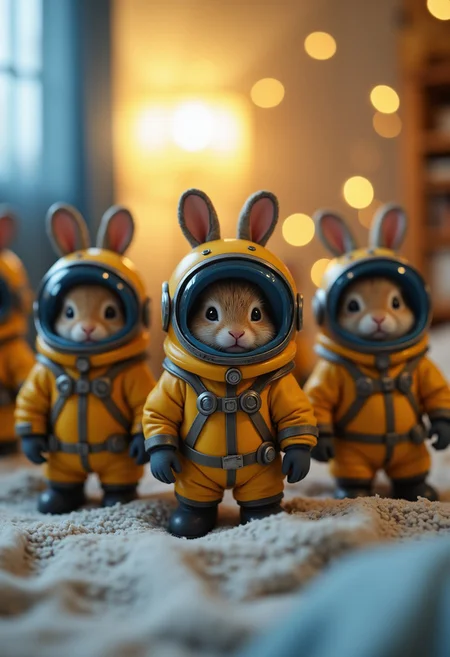 a bunch of tiny micro space angry bunnies wearing yellow and blue space suit, with a round helmet with metalic rabbit ears, exploring gamer bedroom, funny, playful, cinematic wide angle , raw, analog, detailed bedroom background blankmj l10nhe43t