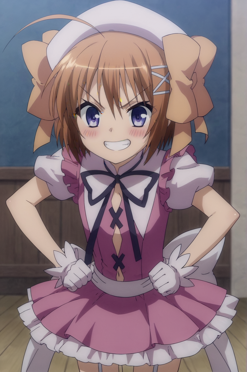 score_9, score_8_up, score_7_up,anime_source, source_anime, best background, detailed background, anime screencap,  Haruna, Magical Dress, bent over, hands on hips, indoors, grin, blush, <lora:JN_Haruna:0.8>