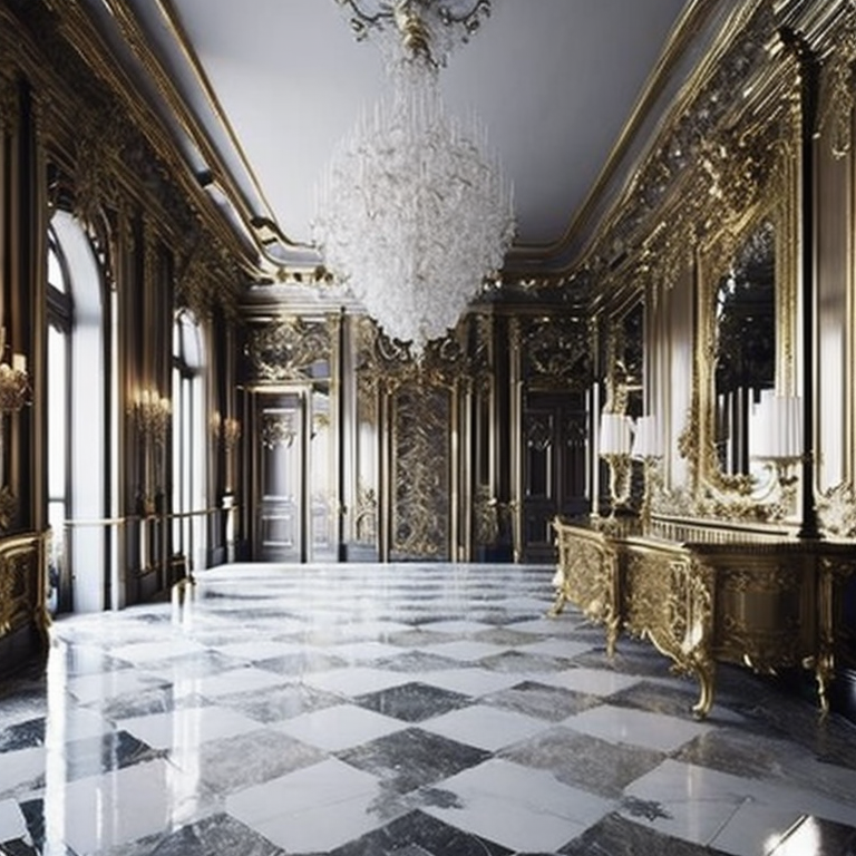 <lyco:baroque_interior_design:1.0> baroque interior design, an ornate wooden hall with tile floors and chandeliers, in the style of deutscher werkbund, eerily realistic, silver and gold, landscape inspirations, architectural chic, clear and crisp, wallpaper