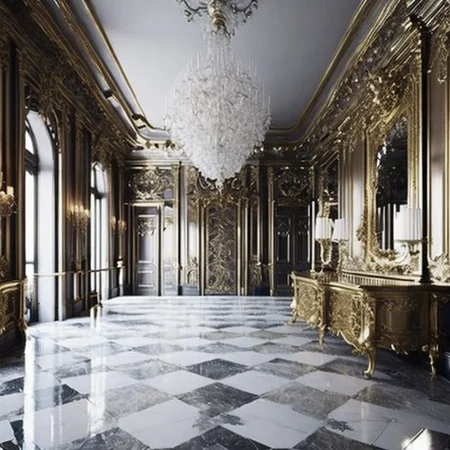 <lyco:baroque_interior_design:1.0> baroque interior design, an ornate wooden hall with tile floors and chandeliers, in the style of deutscher werkbund, eerily realistic, silver and gold, landscape inspirations, architectural chic, clear and crisp, wallpaper