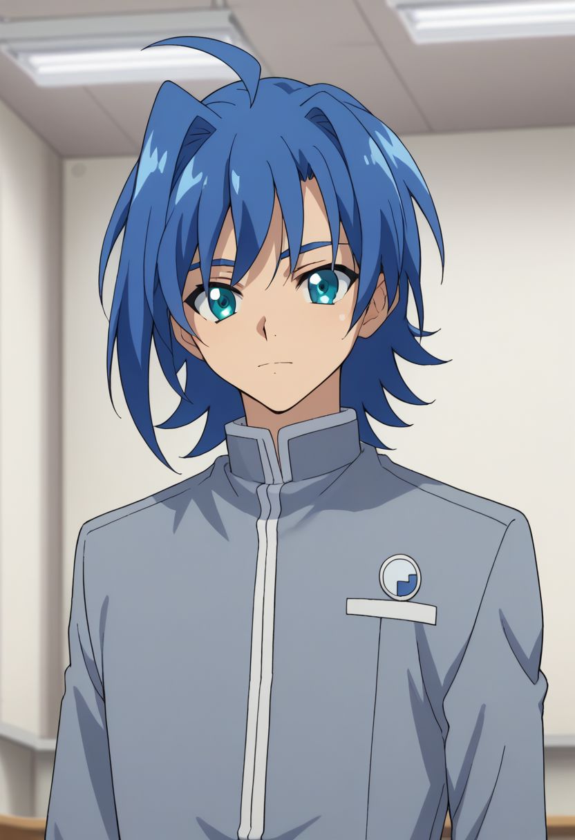 score_9, score_8_up, score_7_up, source_anime, highly detailed, 
aichi, 1boy, male focus, blue hair, ahoge, solo, school uniform, grey uniform, looking at viewer, blue eyes, upper body, indoors,