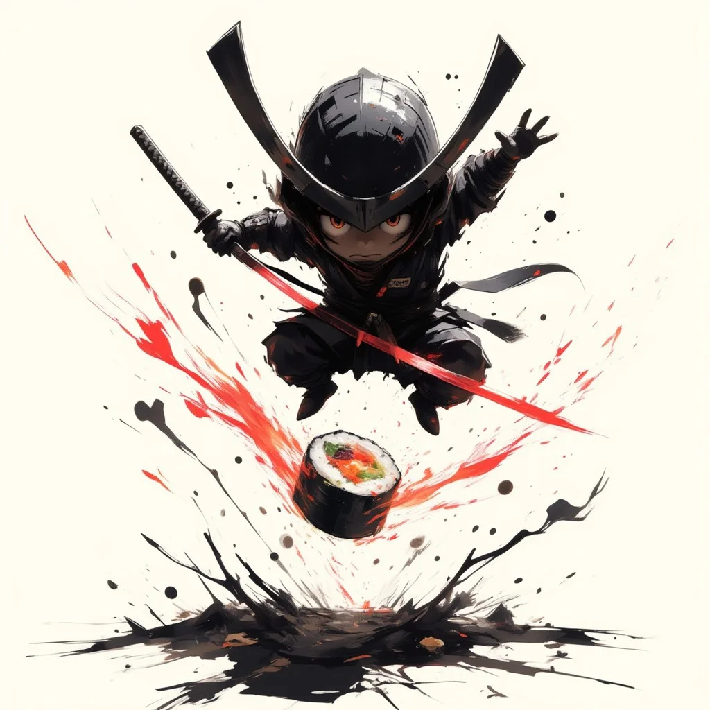 front view of a chibi samurai jumping and cutting in the air a roll of sushi with his katanas, ink strokes, dynamic, shadow, silhouette, black and white, monochrome, red accents, dramatic lighting, atmospheric, japanese culture, minimalist, contrast, sunset glow, isolated figure, reflective pose,pscho_4rt, stylized