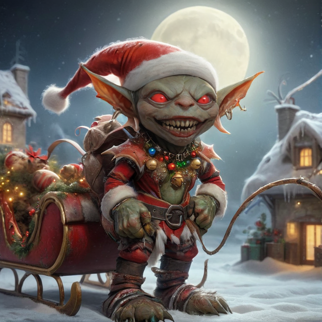 fantasy d&d image of a cute path_goblin, wearing a santa claus outfit, with a bag full of presents, <lora:Path_goblin:1>,BREAK , ral-santasleigh, with a giant spider is pulling Santas sleigh, the spider is adorned with a festive colorful harness, on a roof of a house on a medieval city, big full moon, nocturnal image, <lora:ral-santasleigh:1>