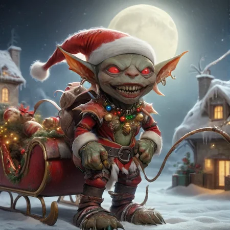fantasy d&d image of a cute path_goblin, wearing a santa claus outfit, with a bag full of presents, <lora:Path_goblin:1>,BREAK , ral-santasleigh, with a giant spider is pulling Santas sleigh, the spider is adorned with a festive colorful harness, on a roof of a house on a medieval city, big full moon, nocturnal image, <lora:ral-santasleigh:1>