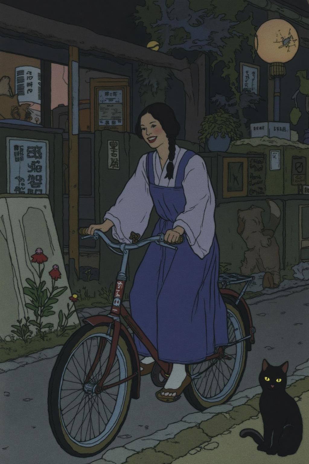 ivanbilibin1 illustration.
A Japanese school girl riding a old style bicycle through a narrow, quiet street at night. The happy woman wears a simple, flowing purple dress. In the corner, a small black cat with piercing eyes sits watching her quietly. The mood is tranquil and slightly magical.   <lora:ivanbilibin1_cap_d6a3:1.0><lora:835914401178713435:0>