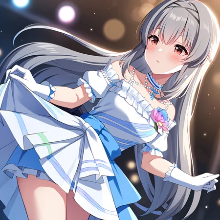 [high quality, best quality],[cinematic],1girl,tendorui,ti dress,1girl,ti gloves,on stage,depth of field,bokeh,bloom,hdr,blush,cinematic_angle,outdoor,<lora:tendoruiv2:0.75>,hair_grab,