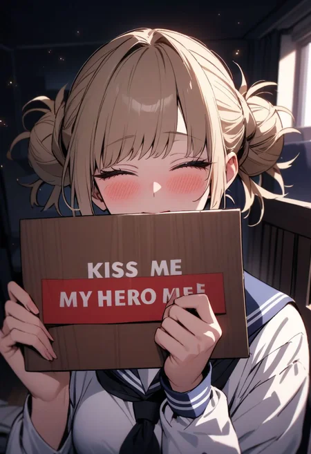 (masterpiece), (best quality), (ultra-detailed), 
1girl, solo,  gorgeous lips, an elegant face, 
light particle, particle, shadow, 
Himiko Toga, My Hero Academia, detailed lips , black detailed pupils, blush, serafuku dres, white shirt, oversized shirt, long sleeves, blue sailor collar, indoor, room,particle , night, closed eyes eyes, face focus , kissing viewer , holding viewer , imitation kiss, lips, holding  sign, text on sign "kiss me ", english text