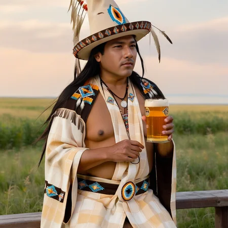 shirtsqueeze, tits, midrange shot of Native American chief in a wizard robe and hat with a pint of beer, orange checkered horizon <lora:shirtsqueezev2_SDXL:1>