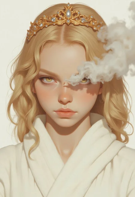 Nixport, a portrait of a girl, light tan skin, medium-length blonde hair, golden tiara on head, white robe, white background, smoke partially obscuring the face.