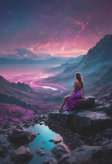 A hyper detailed nightscape, with the colors purple, turquoise and pink, a girl is sitting on a rock with A reflective metallic dress, the dress reflects the landscape with the same colors.