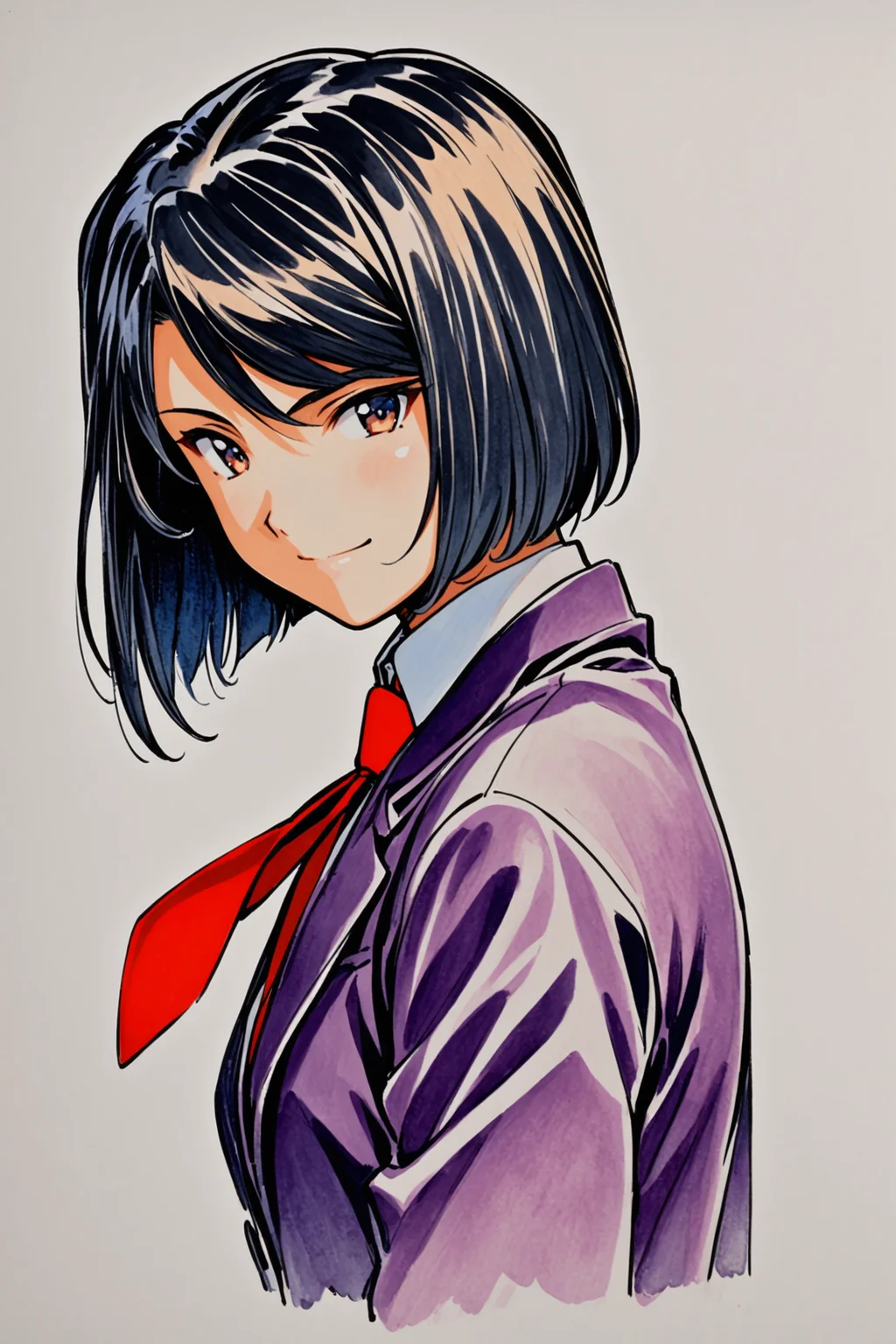 Kujou Subaru,1girl,solo,necktie,short hair,black hair,red necktie,white background,jacket,simple background,upper body,smile,looking at viewer,bob cut,purple jacket,blazer,school uniform,traditional media,closed mouth,shirt,from side,black eyes,<lora:Sakura Wars_XL_V2.1:0.8>,