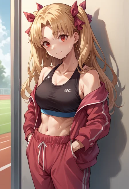 score_9, score_8_up, source_anime, Ereshkigal, two side up, hair ribbon, baggy clothes, sports bra, open jacket, track pants, casual, indoors, against wall, leaning, hands in pockets, sweat, smile, <lora:CHAR-EreshkigalPonyXL:1>