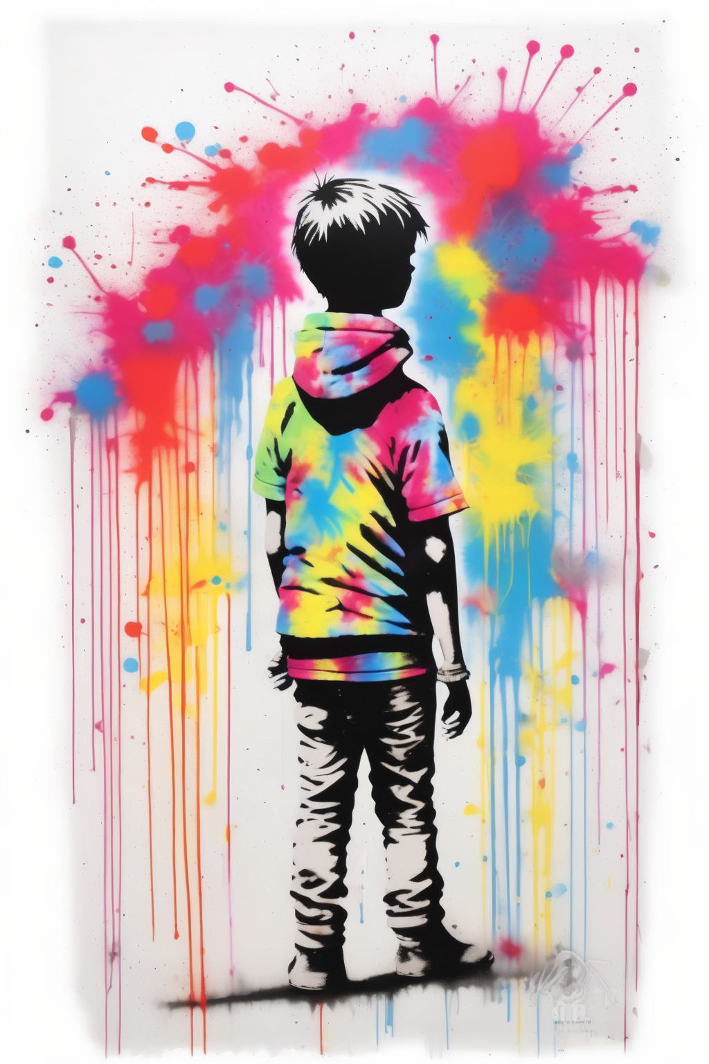 <lora:Martin Whatson Style:1>Martin Whatson Style - bansky style tye die little boy bright neon colours graffitti on a bright white background