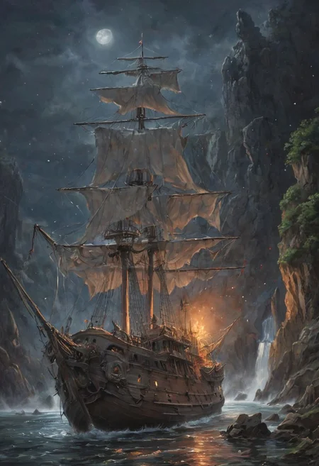 highly detailed oil painting of a dreamlike scenery, a ghost pirate ship, pirate cove, high waterfall, red moon and stars . moonlit night.romantic impressionism, dream scenery art, beautiful oil matte painting, romantic, beautiful digital painting, anime landscape, romantic painting, dreamlike digital painting, colorful painting, thick brushstrokes characteristic, rough stroke,  beautiful gorgeous digital art, style Karol Bok, Brian Froud, Wendy Froud, Guy Davis, Sergio Sandoval