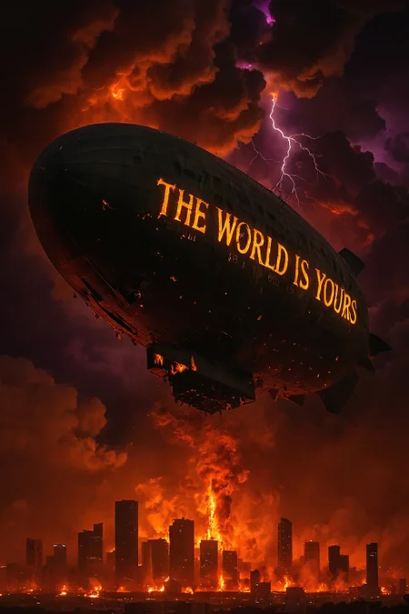 cinematic still, the scarred blimp of Babylon Inferno, massive infernal airship emblazoned with glowing sulfur-yellow text “THE WORLD IS YOURS…” along its charred side, slowly drifting in toxic skies, no human subject, the blimp itself dominates the frame, wide shot, low-angle perspective, setting: a swirling red–purple haze above a flaming Miami skyline, mood of bitter irony and eternal damnation, backlit by molten clouds and flickering lightning, color theme of ember orange, violet smoke, and obsidian black, style reference Scarface ambition motif twisted into Hell’s mockery
