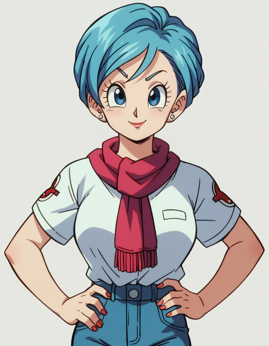 zPDXL, score_9, score_8_up, score_7_up, score_6_up, score_5_up, source_anime, 4k, absurdres, 1girl, solo
<lora:Broly_v1:0.8> dbsb, bulma, short hair, blue hair, blue eyes, white shirt, short sleeves, red scarf, blue jeans, upper body, portrait, smile, v, hand on own hip,