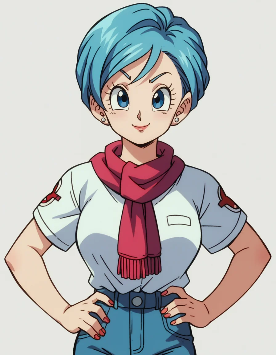 zPDXL, score_9, score_8_up, score_7_up, score_6_up, score_5_up, source_anime, 4k, absurdres, 1girl, solo
<lora:Broly_v1:0.8> dbsb, bulma, short hair, blue hair, blue eyes, white shirt, short sleeves, red scarf, blue jeans, upper body, portrait, smile, v, hand on own hip,