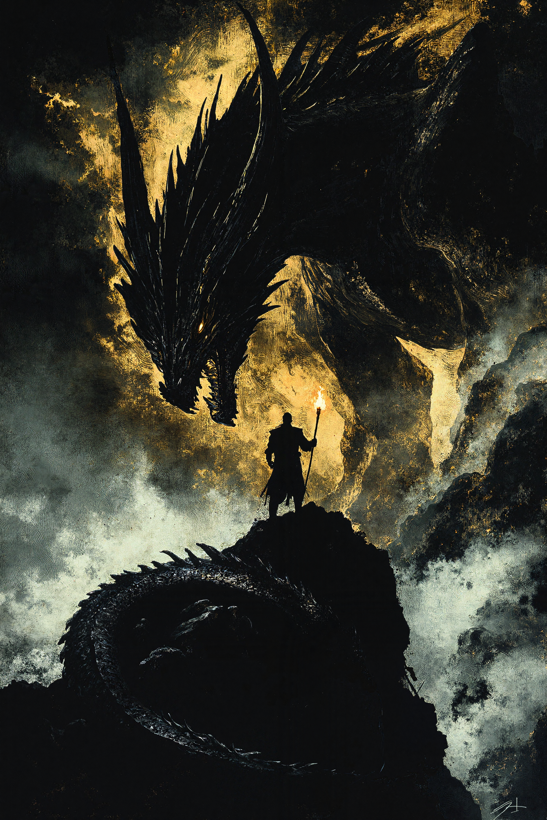A dragon-tamer standing atop a cliff, holding a glowing staff as their massive, scaled companion curls protectively beside them. The fiery glow of distant volcanoes illuminates the night sky, highlighting their battle-worn armor and wind-swept hair. Their commanding presence radiates power and a deep bond with the creature.  --ar 2:3 --v 6.1 --stylize 500  --c 25  --sref 448502317  --sw 100