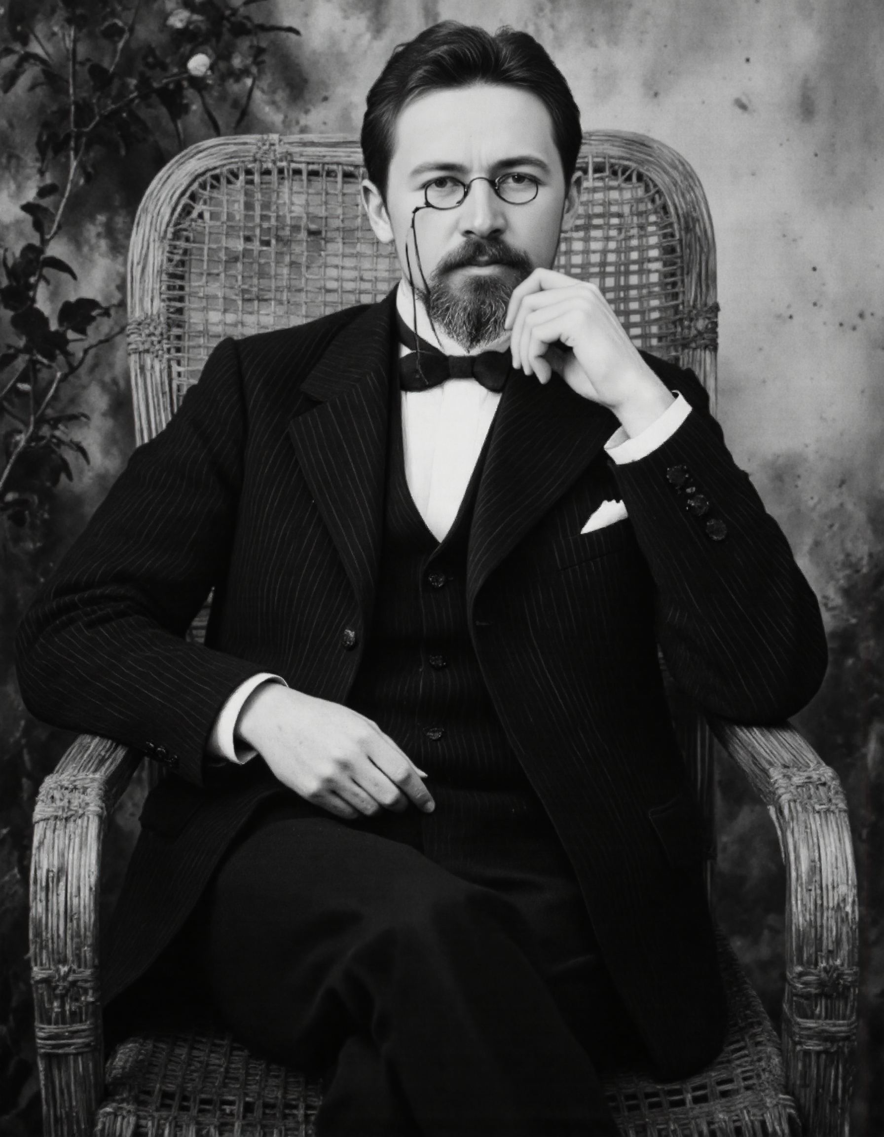 Rembrandt style, <lora:Dark_Ghibli:0.6>, This black-and-white photograph captures a man in a formal, pinstriped suit seated in a wicker chair. The man, with a full beard and glasses, is dressed in a black suit jacket with thin vertical stripes, a white dress shirt, a black bow tie, and black trousers. He is resting his right arm on the armrest of the chair, which has a woven, natural texture. His left arm is relaxed on his lap. The background shows a rough, textured wall with a plant on the left side, adding a natural element to the composition. The lighting is soft and even, casting gentle shadows that enhance the textures of the wicker chair and the manâs suit. The photograph has a classic, vintage feel, possibly dating back to the early 20th century, as indicated by the style of clothing and the chair. The man's demeanor is calm and contemplative, with a slight smile on his face, suggesting a moment of reflection or relaxation. The overall atmosphere is serene and timeless, emphasizing the elegance and simplicity of the subject and his surroundings.., . Baroque, chiaroscuro, realistic, emotional, "flat, <lora:Ð§ÐÐ¥ÐÐ:1>, lighting