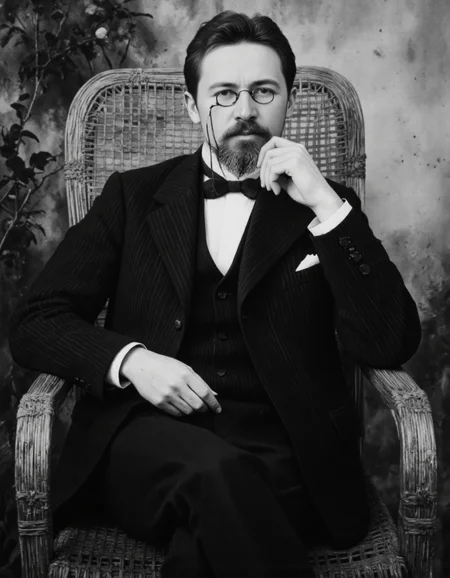 Rembrandt style, <lora:Dark_Ghibli:0.6>, This black-and-white photograph captures a man in a formal, pinstriped suit seated in a wicker chair. The man, with a full beard and glasses, is dressed in a black suit jacket with thin vertical stripes, a white dress shirt, a black bow tie, and black trousers. He is resting his right arm on the armrest of the chair, which has a woven, natural texture. His left arm is relaxed on his lap. The background shows a rough, textured wall with a plant on the left side, adding a natural element to the composition. The lighting is soft and even, casting gentle shadows that enhance the textures of the wicker chair and the manâs suit. The photograph has a classic, vintage feel, possibly dating back to the early 20th century, as indicated by the style of clothing and the chair. The man's demeanor is calm and contemplative, with a slight smile on his face, suggesting a moment of reflection or relaxation. The overall atmosphere is serene and timeless, emphasizing the elegance and simplicity of the subject and his surroundings.., . Baroque, chiaroscuro, realistic, emotional, "flat, <lora:Ð§ÐÐ¥ÐÐ:1>, lighting