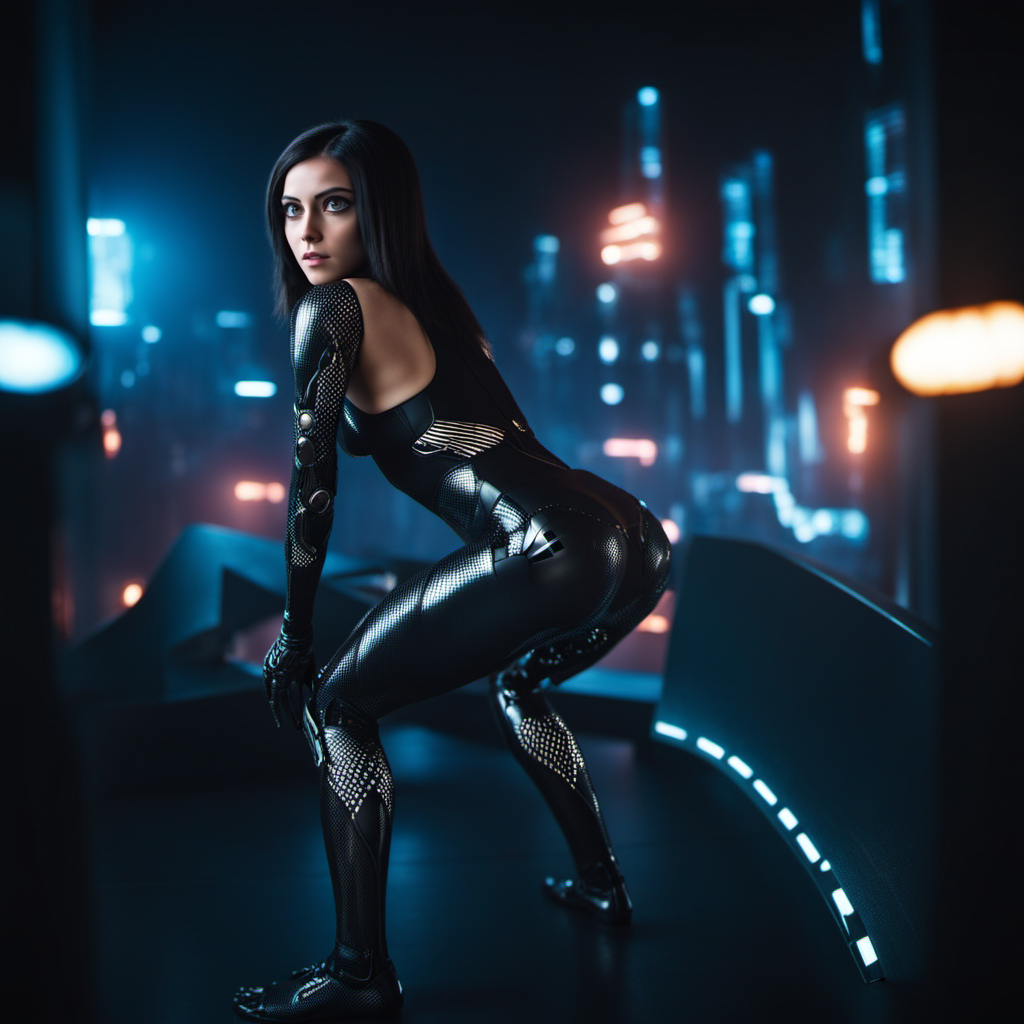 cinematic photo cinematic photo a woman with big eyes, futuristic black carbon body suit, cyberpunk background  <lora:Alita1024-2024:0.8> . 35mm photograph, film, bokeh, professional, 4k, highly detailed . 35mm photograph, film, bokeh, professional, 4k, highly detailed