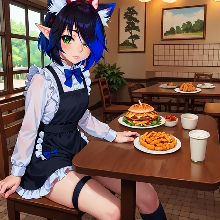 hailey, 1girl, animal ears ,black hair, blue hair, cat ears, freckles, green eyes, hair over one eye, lips, looking at viewer, multicolored hair, pointy ears, short hair, solo, closed mouth, thigh strap, tree, two-tone hair, food on table, chairs, indoors, source_anime, restaurant, at restaurant, from side, leaning,
jyojifuku, frills, kneehighs, apron, multicolor apron, white frills, black apron, black kneehighs, blue threads, blue bow tie, pockets,
food_focus,
<lora:Hailey-ponyxl:0.6>, <lora:maid_Pony_V1.0:1>, <lora:Real_Anime_v2:0.3>, <lora:Food_Focus:0.3>