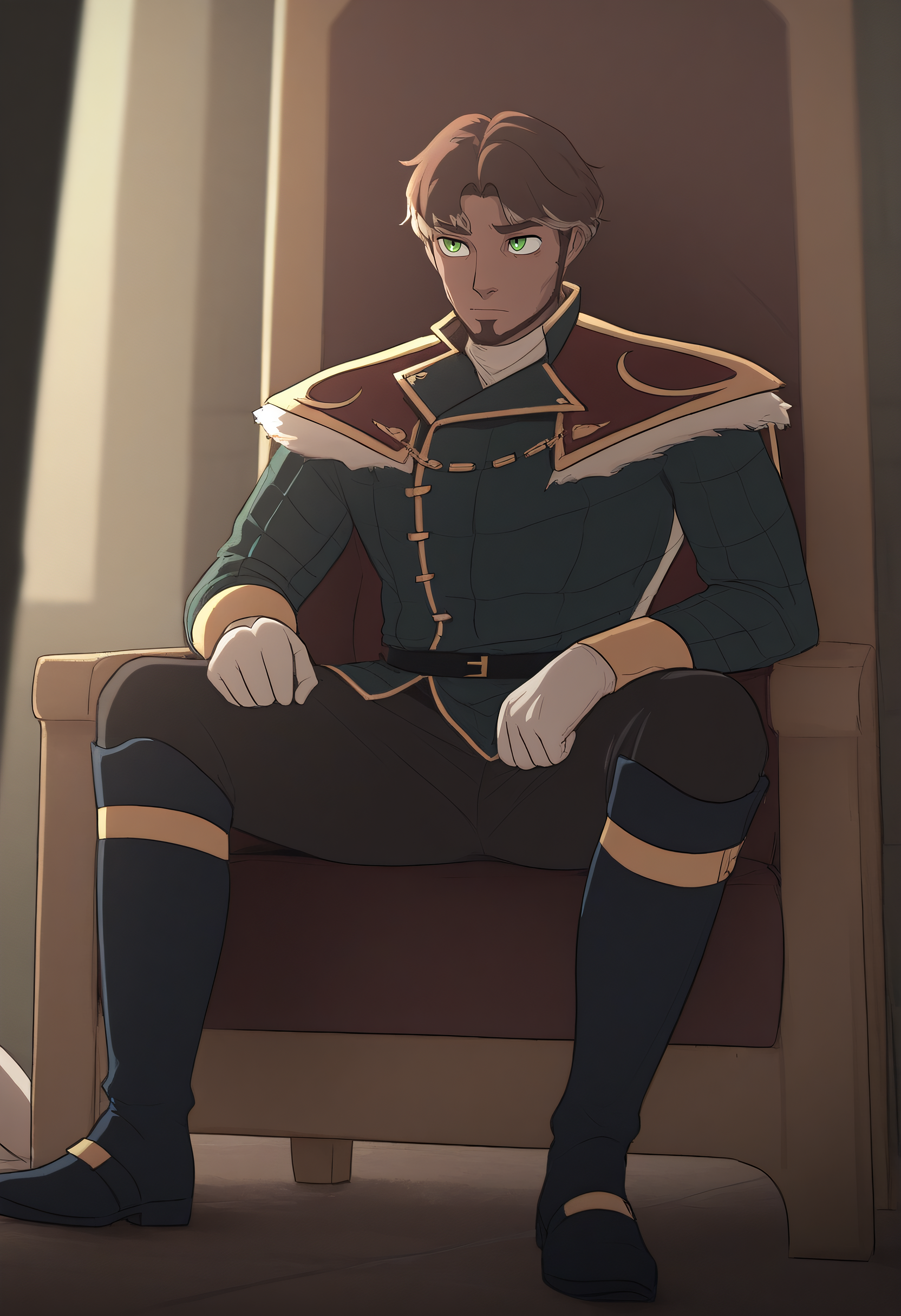 embedding:Illustrious\Positive\IllusP0s, embedding:Illustrious\Positive\IllustriousQual, prince_amont_iv, gloves, 1boy, boots, green eyes, sitting, knee boots, tail, prince, wavy hair, chestnut brown hair, lighter streaks in fringe, tousled hair, short hair, green eyes, thick eyebrows, goatee, sideburns, angular jawline, light brown skin tone, tan skin, aristocratic regal attire, gold accents, fur-trimmed cloak, gold lining, boots, gloves, throne