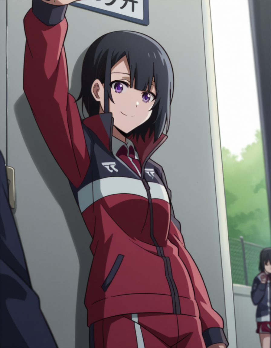 score_9, score_8_up, score_7_up, source_anime, <lora:yuika-shiwahime-s1-ponyxl-lora-nochekaiser:1>, yuika shiwahime, short hair, black hair, purple eyes,, shirt, jacket, necktie, shorts, sleeves past wrists, track jacket,, bus stop, waiting, commuter, smartphone, checking time, cold morning, smile, , on back, arm support, arms up, incoming hug, pov, reaching, reaching towards viewer,, solo,, dutch angle, cowboy shot