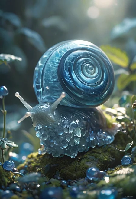 highly detailed image of a snail crafted entirely from blue gemstones. The snail's shell should be intricately designed, showcasing a variety of blue hues—from deep sapphire to light azure—reflecting light in a way that creates a sparkling effect. Each gem should be cut and polished to perfection, emphasizing the snail's natural spiral shape.
The body of the snail should be smooth and translucent, resembling a delicate layer of crystal, with subtle hints of iridescence. Surround the snail with a soft, blurred background of lush greenery, highlighting its vibrant blue color. Include gentle light reflections and shadows to enhance the three-dimensional quality of the gem snail, creating a captivating and enchanting scene.
style of greg rutkowski,janek sedlar,jenny saville:0]  <lora:vivid_everclear:0.35>  <lora:Sinozick:0.35>  <lora:MJ52:0.35>