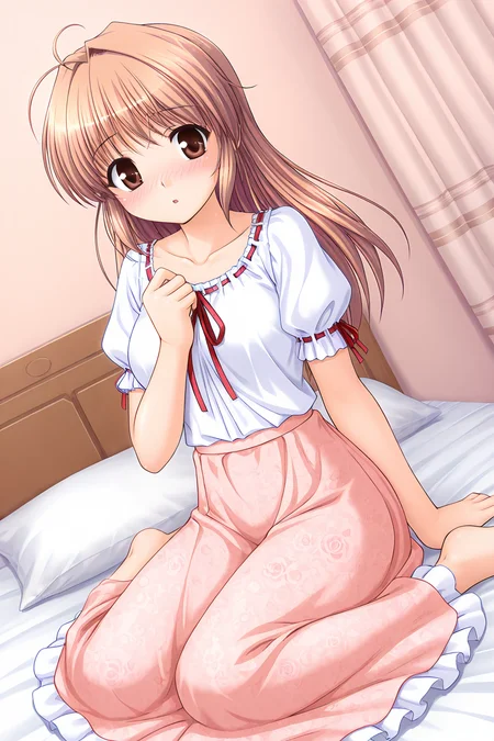 masterpiece, best quality, absurdres, official art, official style, rating general BREAK <lora:yuukiharuna_IL_v1-1:0.7>, yuuki haruna, 1girl, solo, brown eyes, brown hair, ahoge, long hair, hair intakes, medium breasts, casual, blouse, white shirt, ribbon-trimmed shirt, untucked shirt, short sleeves, puffy short sleeves, ribbon-trimmed sleeves, red ribbon, pink skirt, (long skirt:1.4), frilled skirt, print skirt, floral print, blush, collarbone, barefoot, sitting, yokozuwari, looking at viewer, pillow, bedroom, open mouth, on bed, parted lips, :o, head tilt, dutch angle, sweatdrop, full body, embarrassed, shiny skin, indoors, arm support, nose blush, toes, bare legs, sweat, hand on own chest, bed, bed sheet