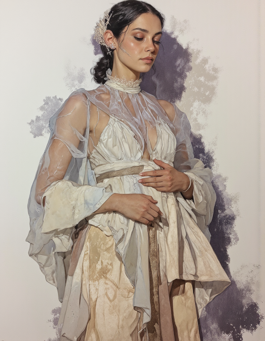 By Phandigrams.
This is a highly detailed, realistic oil painting by the artist, known for his meticulous attention to texture and light. The artwork features a woman in a dress, figurative art, diaphanous translucent cloth, goddess of light, made of mist, silk dress, transparent cloth, with a white background, luminous body, godesses, vapor, issey miyake, light and shadow play.