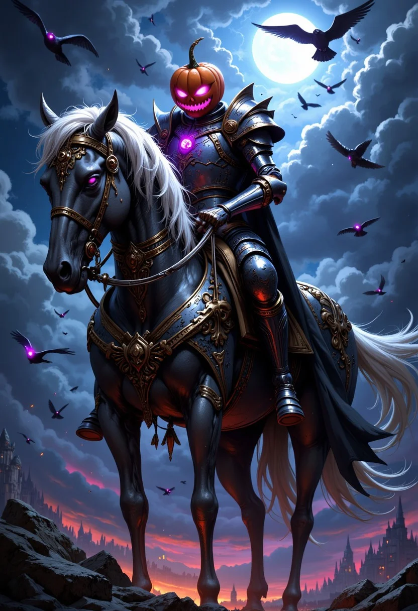 Masterpiece, a dramatic and intense scene set against a backdrop of a dark, stormy sky with ominous clouds. An undead knight with a halloween pumpkin head, clad in elaborate, ghotic, ornate armor, sits atop a majestic and eeire, skeleton horse adorned with intricate metalwork. The knight's eyes glow in purple a purple light. The rider's posture is one of readiness and determination. The scene is filled with a sense of foreboding and tension, with birds flying around the knight, adding to the overall atmosphere of chaos and impending conflict. High-res, semi realistic, best quality, intricate details, ultra details, good lighting, vibrant colors, very detailed, octane render, ray tracing, mythp0rt