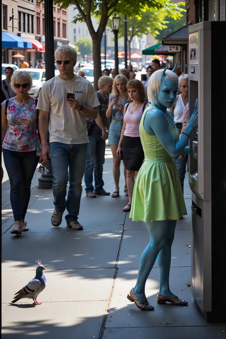 An Andorian woman with soft blue skin and sleek, straight white hair is standing in front of an ATM, dressed in a casual green sundress and sandals, her antennae nervously twitching as she tries to figure out how the machine works. A line is forming behind her, and the impatient sighs of the people waiting only make her more flustered as she fumbles with her bank card, staring at the screen as if it holds the secrets of the universe. The bright afternoon sun shines down on the busy street, casting long shadows across the sidewalk as people walk by, chatting and sipping iced coffee. Nearby, a hotdog vendor is grilling, filling the air with the smell of street food, while the distant sounds of car horns and construction create a typical urban symphony. The Andorianâs antennae droop slightly as she finally manages to insert the card, only for the machine to ask her for a PIN she doesn't quite remember. A pigeon struts nearby, pecking at crumbs, completely oblivious to her growing frustration. The humorous tension of the moment contrasts with the everyday scene of city life, where even advanced aliens arenât immune to the struggles of modern technology.<lora:midjourney_whisper_flux_lora_v01:0.55><lora:aidmaMJ6.1-FLUX-V0.1:0.4><lora:FluxMythP0rtr4itStyle:0.4><lora:detailed_flux_ntc:2.2><lora:aidmaImageUpgrader-FLUX-V0.1:0.65><lora:andorian_FLUX>