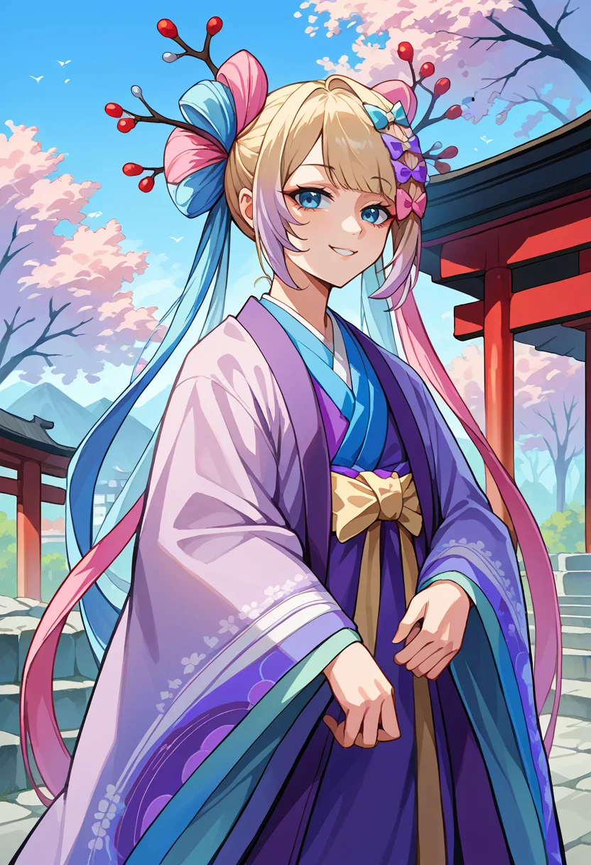 score_9, score_8_up, source_anime, 1girl, solo, GekkouChou, blue eyes, multicolored hair, blonde hair, blue hair, pink hair, long hair, hair rings, antlers, multiple hair bows, layered kimono, blue kimono, purple kimono, white sash, long kimono, outdoors, shrine, smile, <lora:ChamKAngelPonyXL:1>
