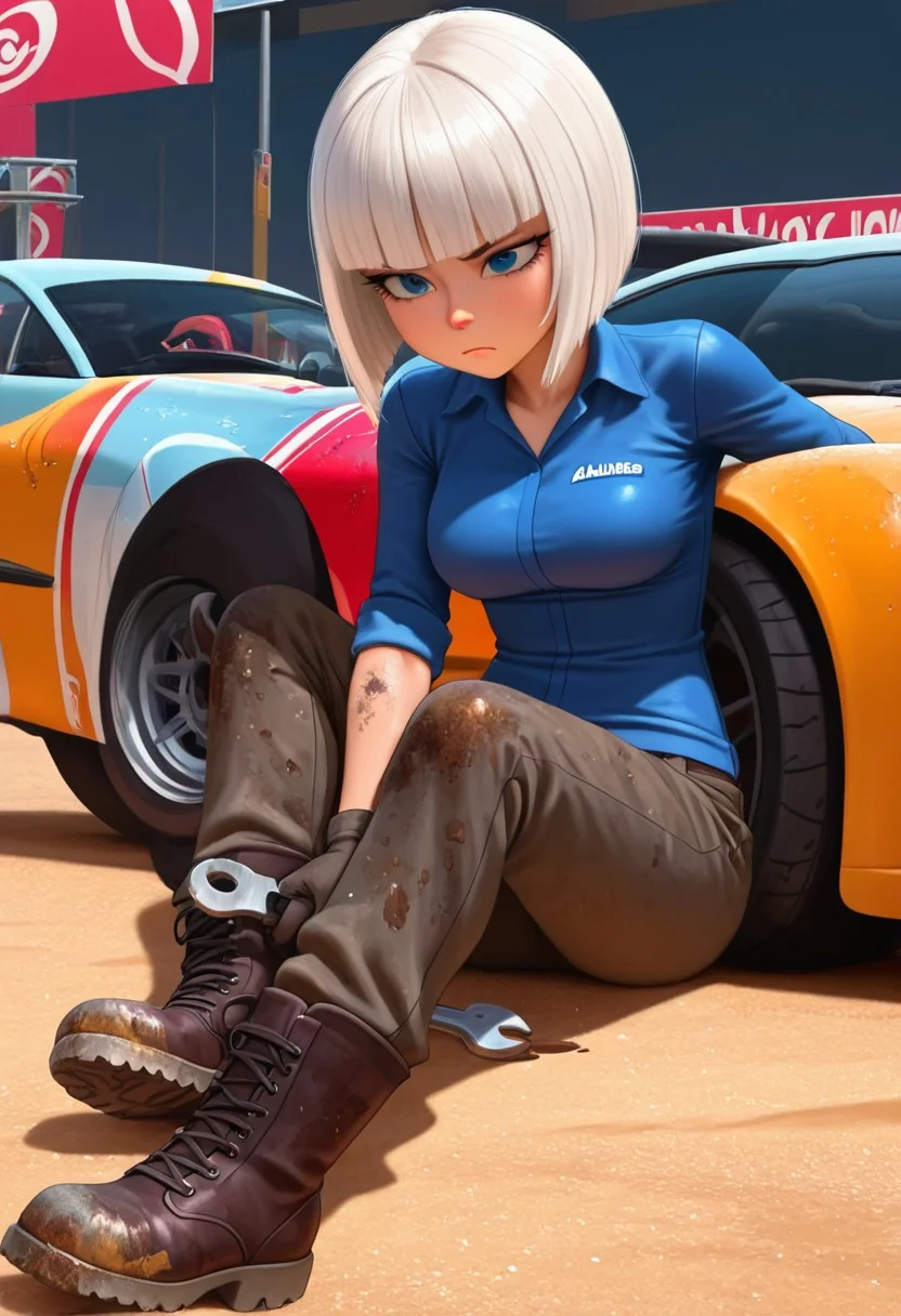 , taffytawir, 18 years old, white hair, bangs covering forehead, blue eyes, short hair, blunt bangs, bob cut, bedroon eyes, concentrating expression, wearing a mechanic shirt,rugged pants,steel-toe boots, gloves, dirty with oil and grease, wrench in hand, looking under the hood of a car, medium breasts, racing background, car engine, solo, masterpiece,best quality,amazing quality, athletic body,