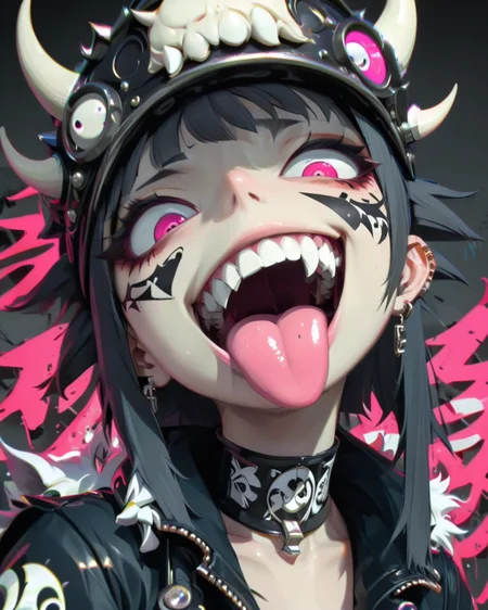 <lora:add-detail-xl:0.3>
<lora:Punk_Anime_XL:0.91>,
<lora:Goth_Neon_XL:0.55>
<lora:Photographer Maren Klemp Style:1.1>, (maren, klemp, style),
1girl, bangs, blunt bangs, choker, close-up, crown, dark-skinned female, earrings, facepaint, horns, jewelry, looking at viewer, open clothes, open jacket, open mouth, pink eyes, portrait, red neckerchief, saliva, solo, teeth, tongue, tongue out, zipper