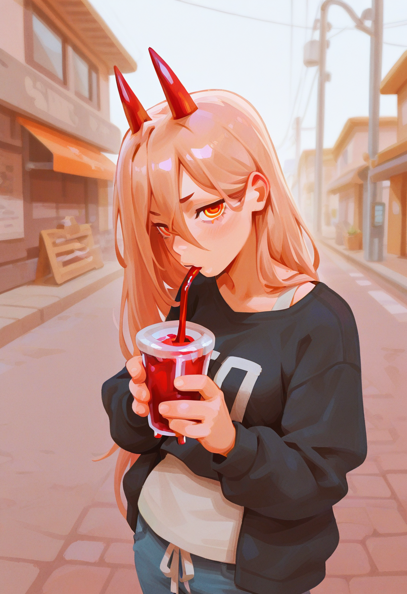 sp3,  masterpiece, best quality, solo,  power \(chainsaw man\),  red horns, drinking blood smoothie, straw, street, warm colors, sunny, 