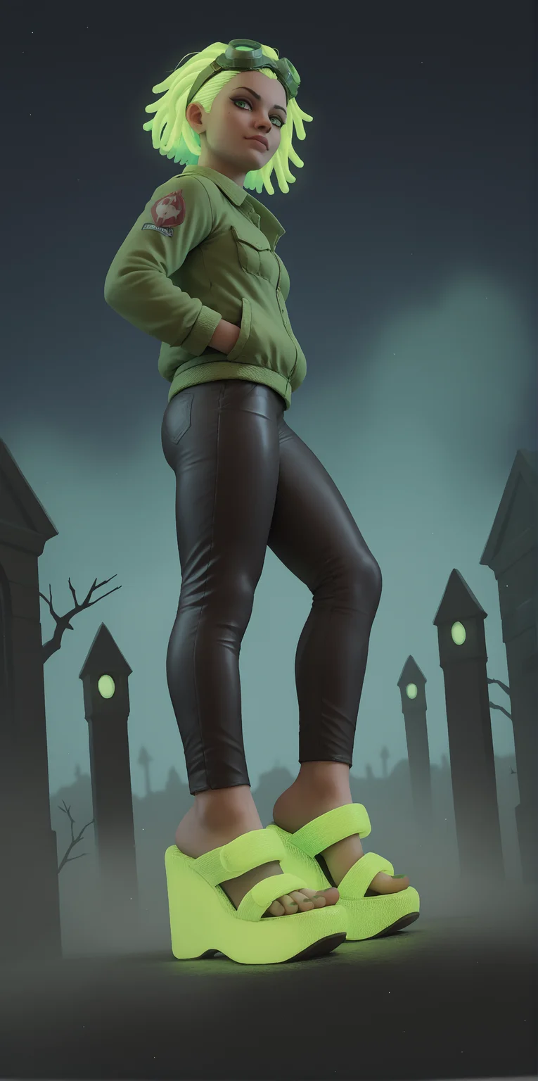 score_9, score_8_up, score_7_up, score_6_up, realistic,
wide angle, standing, low angle, foot focus, from side,
standing,
(glowing neon footwear:1.1),
(glowing neon hair:1.15),
1girl, leather pants, green short jacket, black and green hair, dreadlocks,
goggles, glowing green goggles,
(m3sh heels), platform footwear,
halloween scene, fog, haunted house, night,
green toenail polish,
embedding:zPDXLrl ,
embedding:zPDXL2 ,
